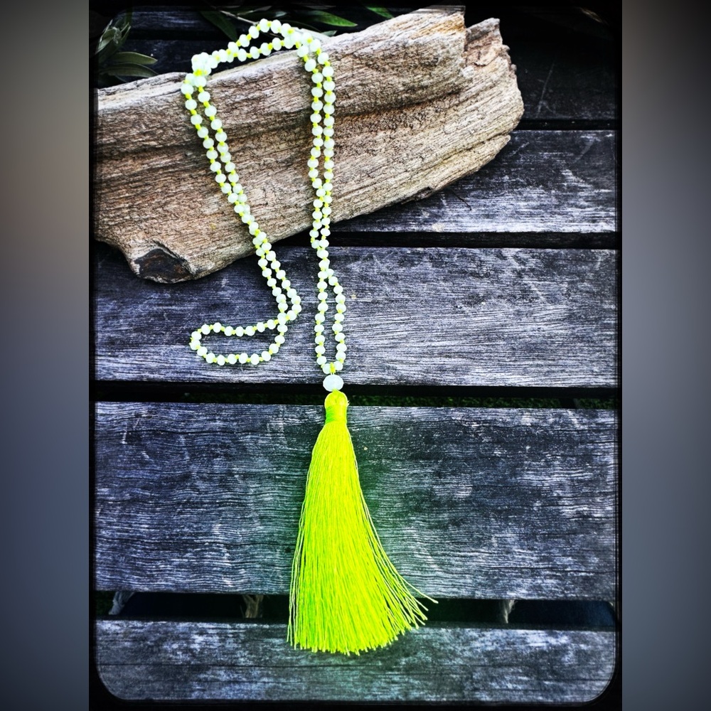 Neon Lime Green & White Silk Tassel Necklace